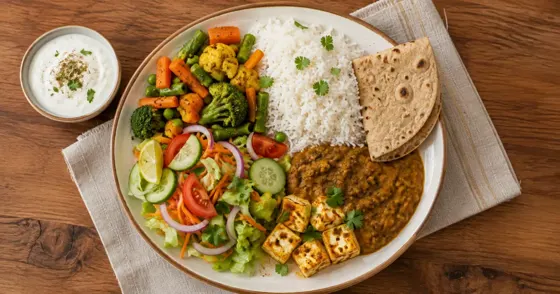 Overhead view of a balanced Indian meal plate with vegetables, salad, rice, roti, dal, paneer and curd.