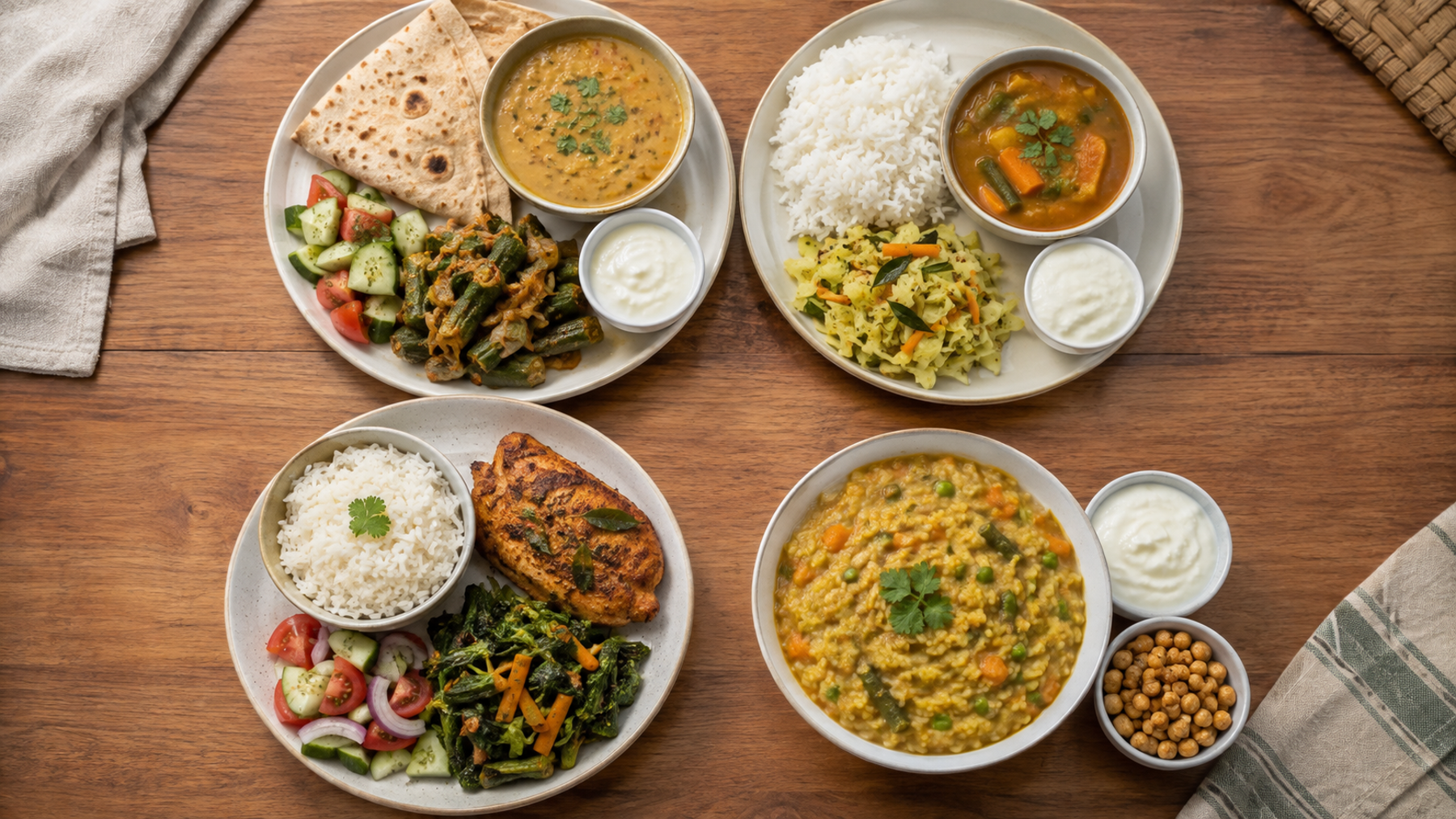 Overhead view of a balanced Indian meal plate with vegetables, salad, rice, roti, dal, paneer and curd.