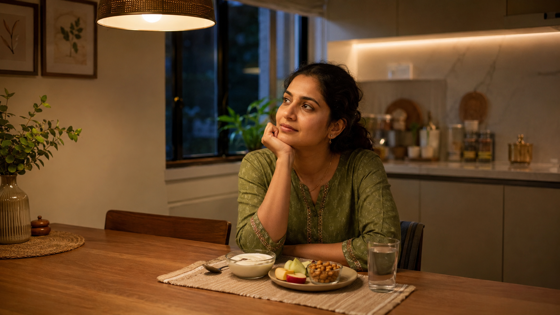 Indian woman considering a balanced late-night snack after dinner, with curd, fruit, roasted chana and water
