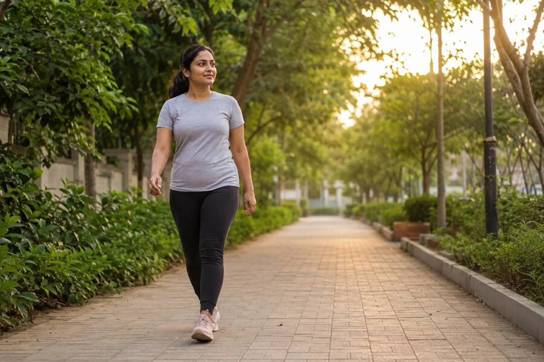 Indian woman taking a short walk after a meal to support healthy weight loss