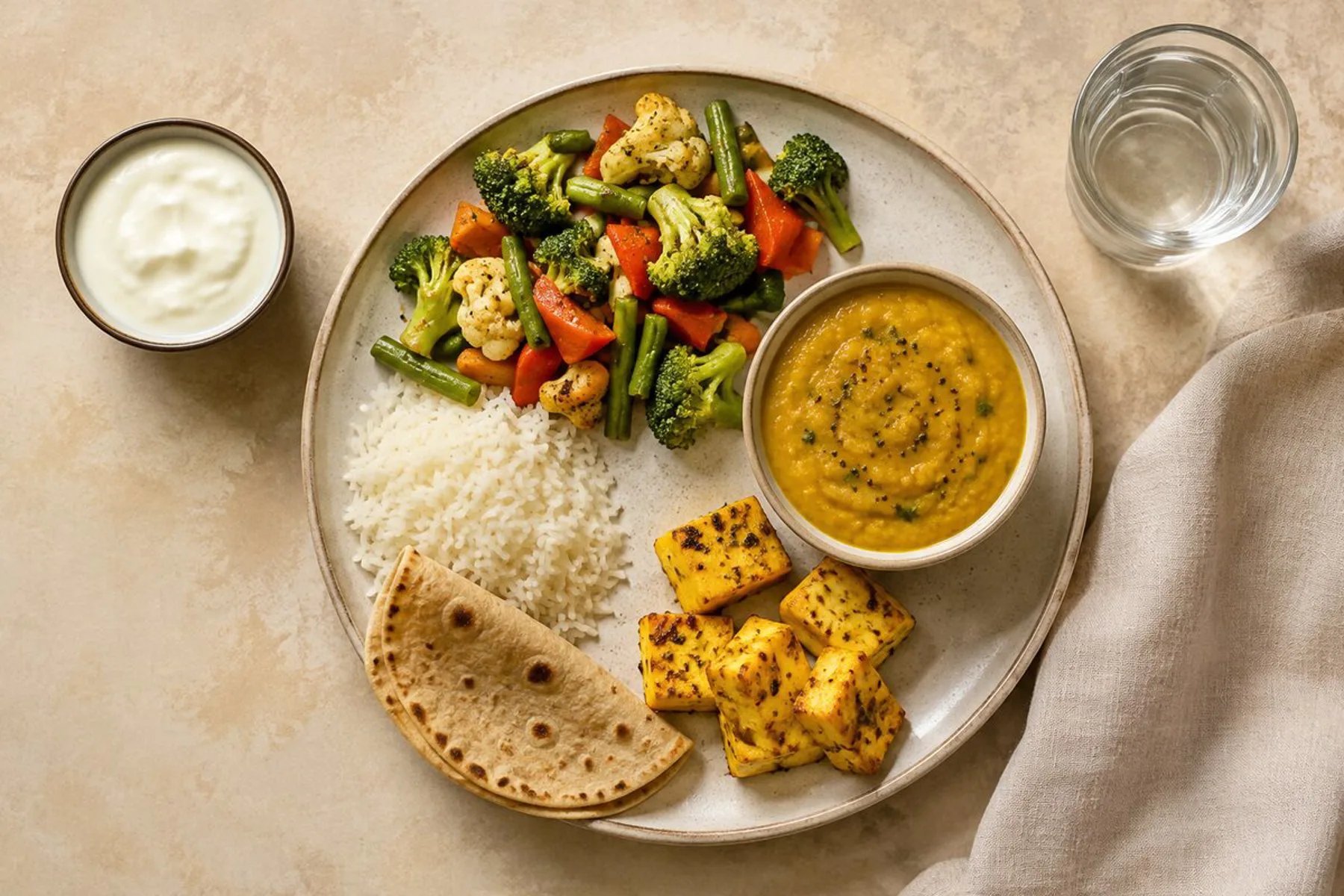 Balanced Indian weight-loss plate with vegetables, protein, rice and roti