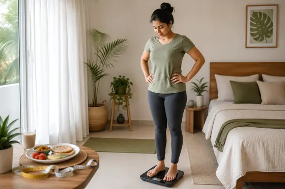 Indian woman checking her weight while following a healthy weight-loss routine